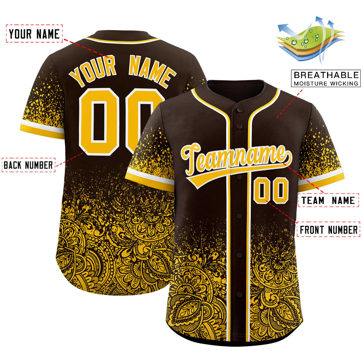 Custom Brown Yellow Floral Print Pattern Full Button Gradient Fashion Baseball Jersey Limited