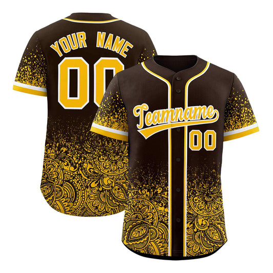 Custom Brown Yellow Floral Print Pattern Full Button Gradient Fashion Baseball Jersey