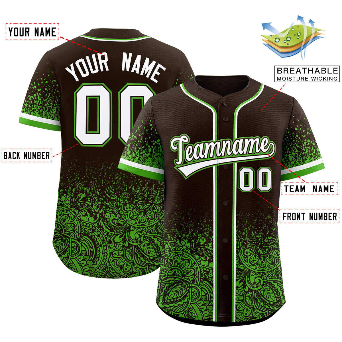 Custom Brown Green Floral Print Pattern Full Button Gradient Fashion Baseball Jersey Limited
