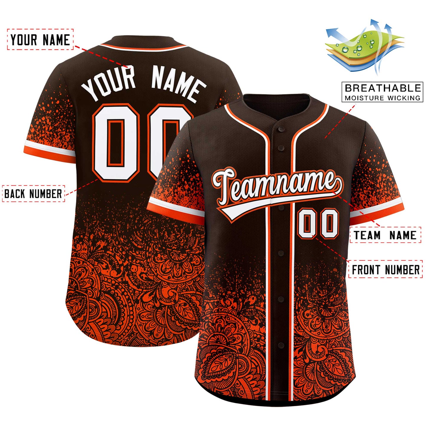 Custom Brown Orange Floral Print Pattern Full Button Gradient Fashion Baseball Jersey Limited