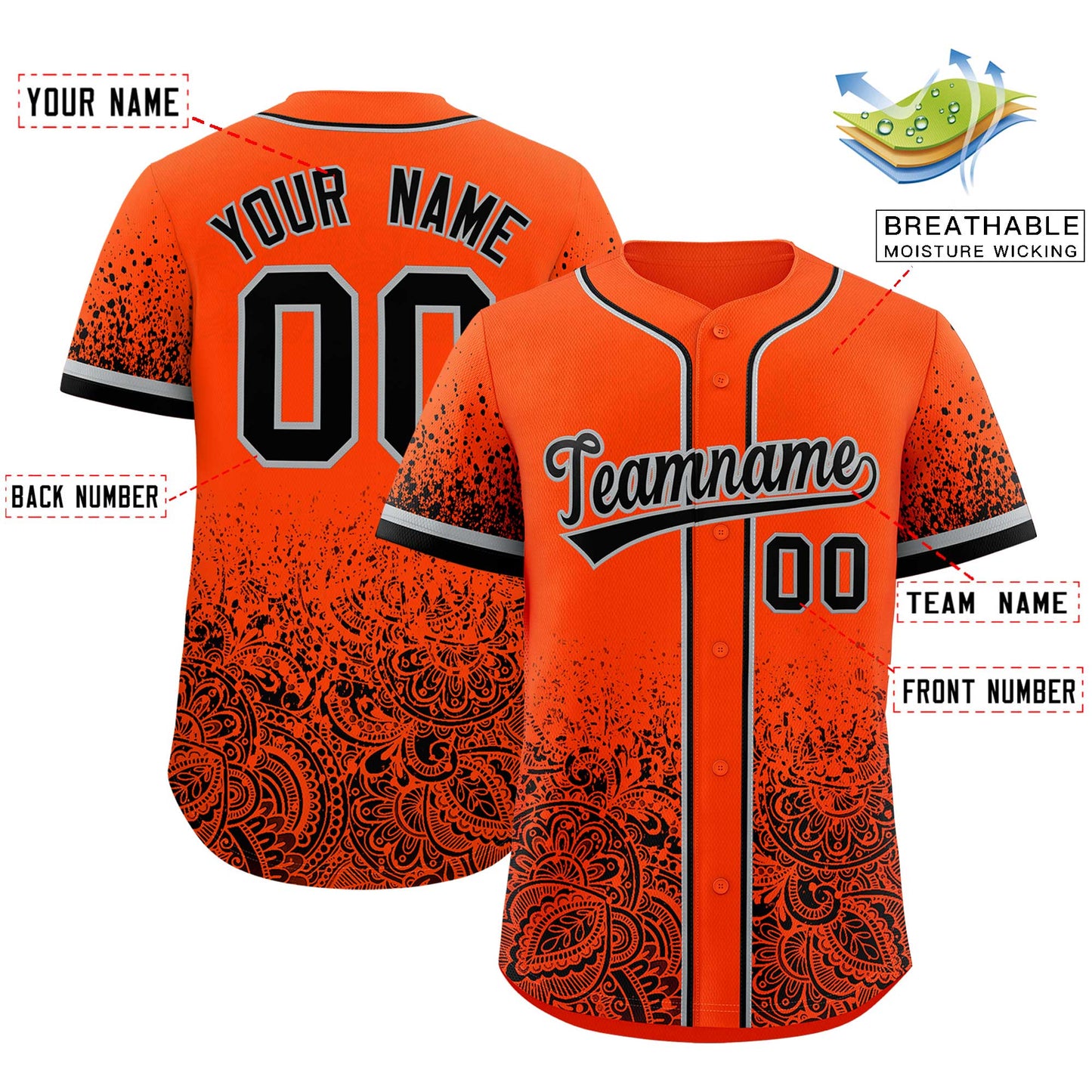 Custom Orange Black Floral Print Pattern Full Button Gradient Fashion Baseball Jersey Limited