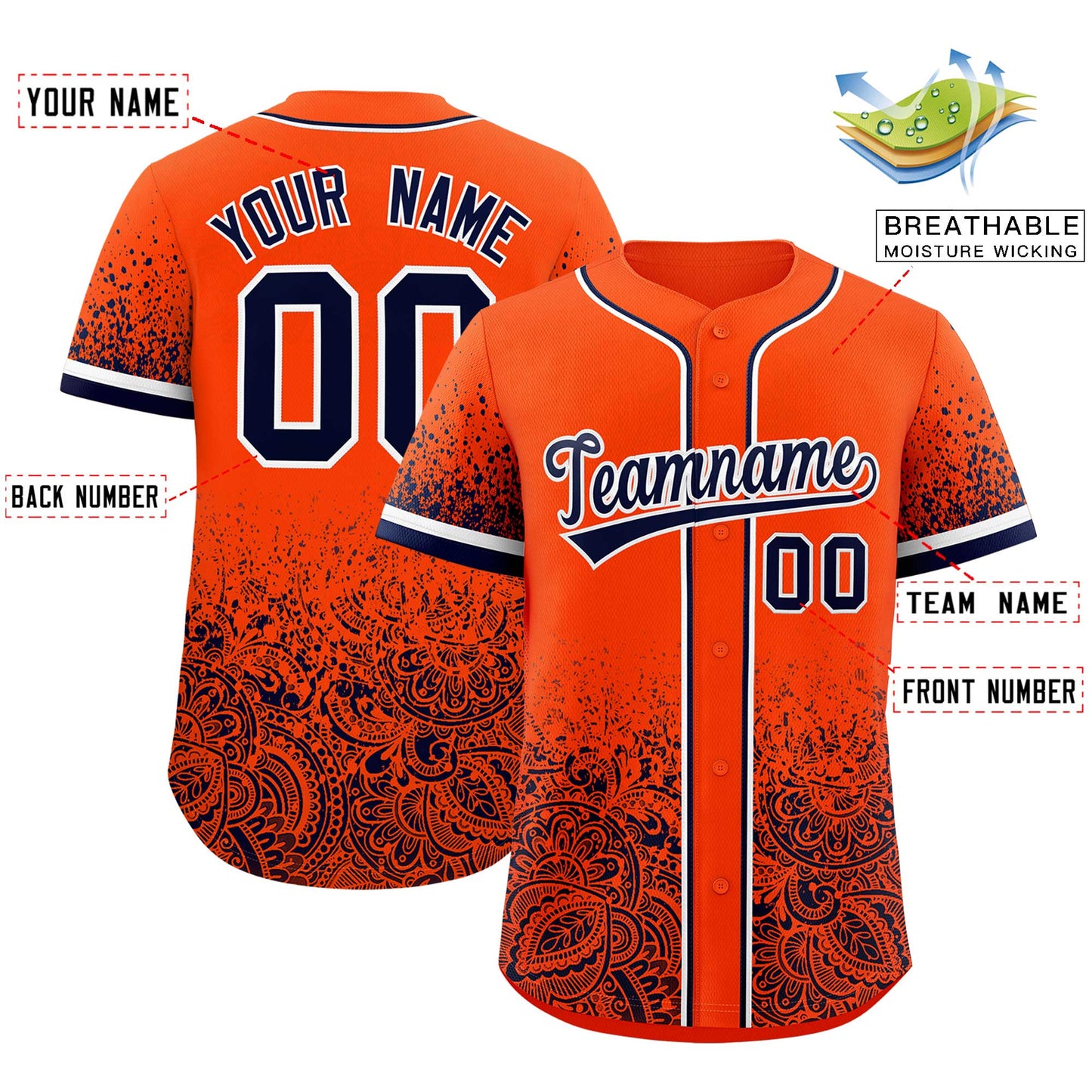 Custom Orange Navy Floral Print Pattern Full Button Gradient Fashion Baseball Jersey Limited