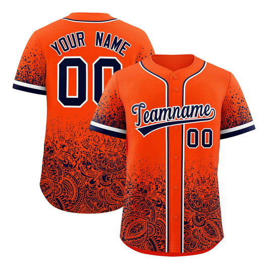 Custom Orange Navy Floral Print Pattern Full Button Gradient Fashion Baseball Jersey