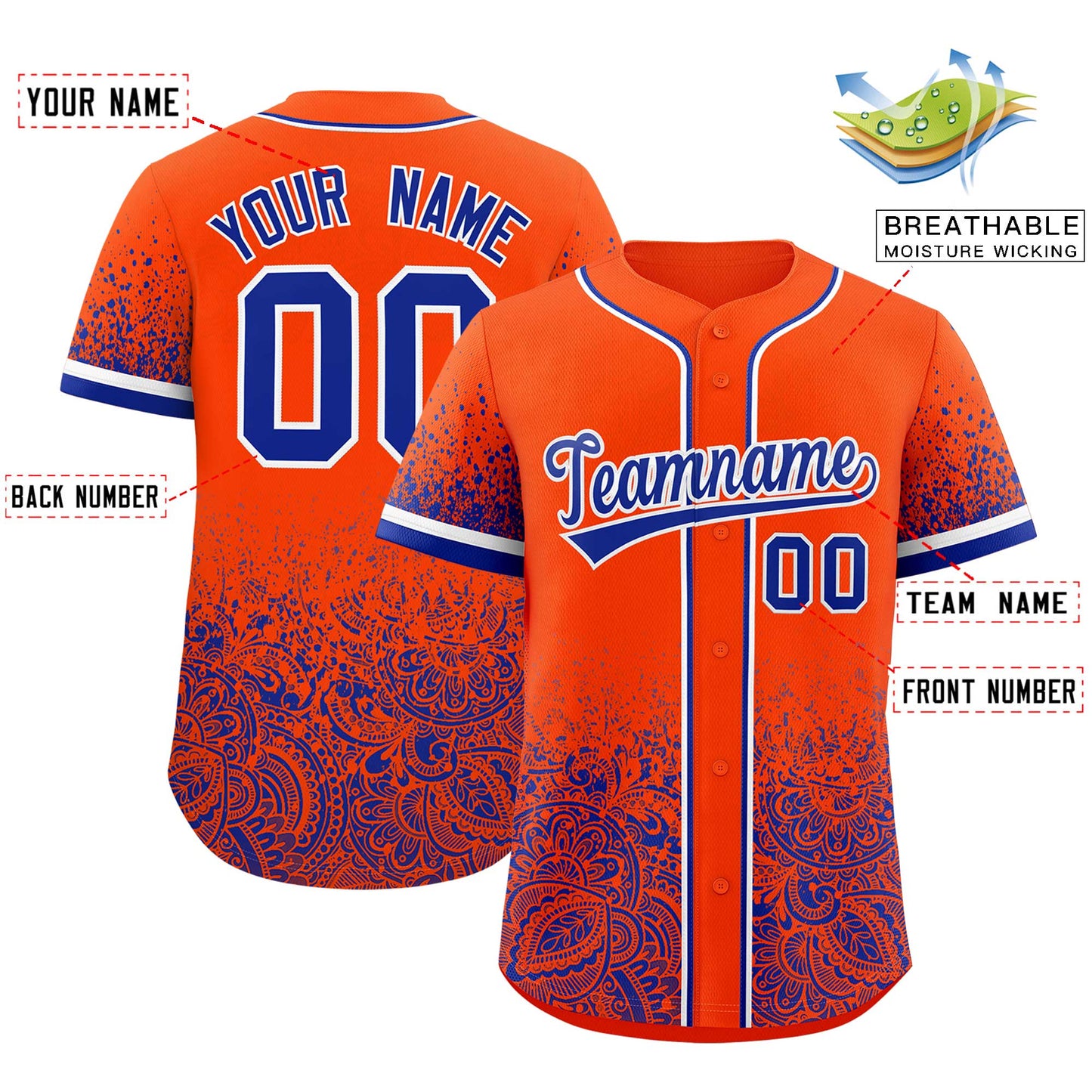 Custom Orange Royal Floral Print Pattern Full Button Gradient Fashion Baseball Jersey Limited