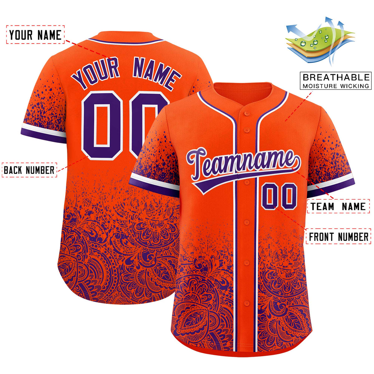 Custom Orange Purple Floral Print Pattern Full Button Gradient Fashion Baseball Jersey Limited