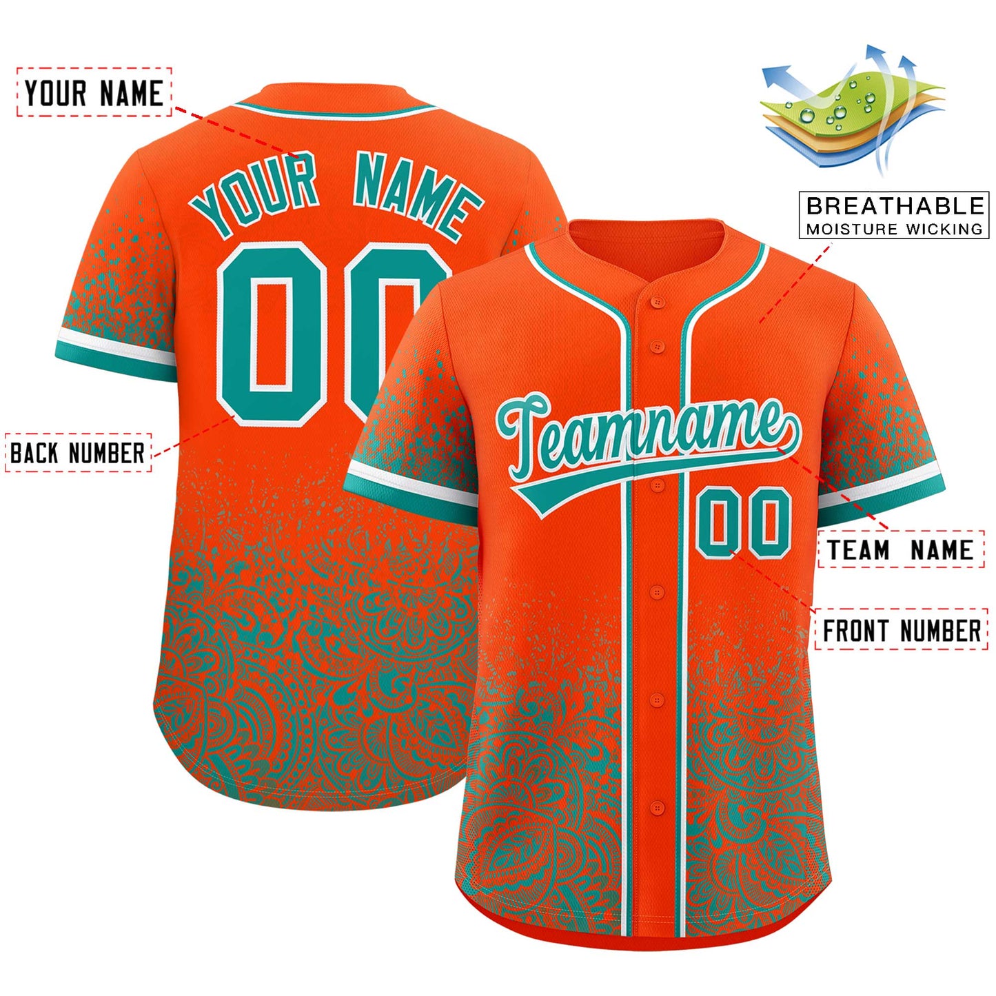 Custom Orange Aqua Floral Print Pattern Full Button Gradient Fashion Baseball Jersey Limited
