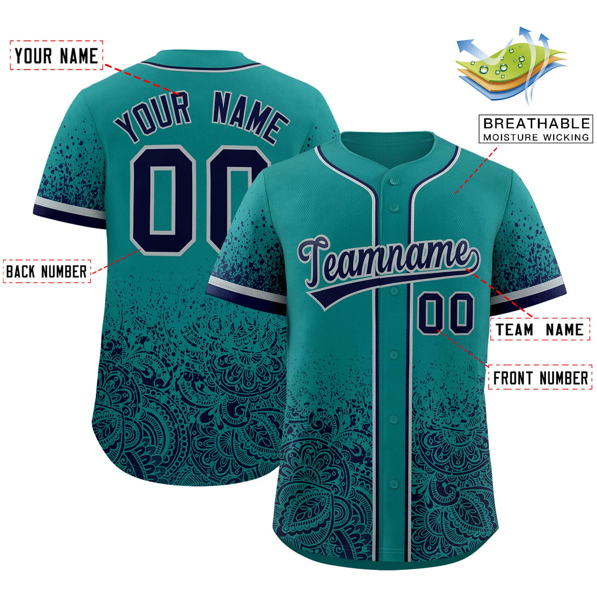 Custom Teal Navy Floral Print Pattern Full Button Gradient Fashion Baseball Jersey Limited