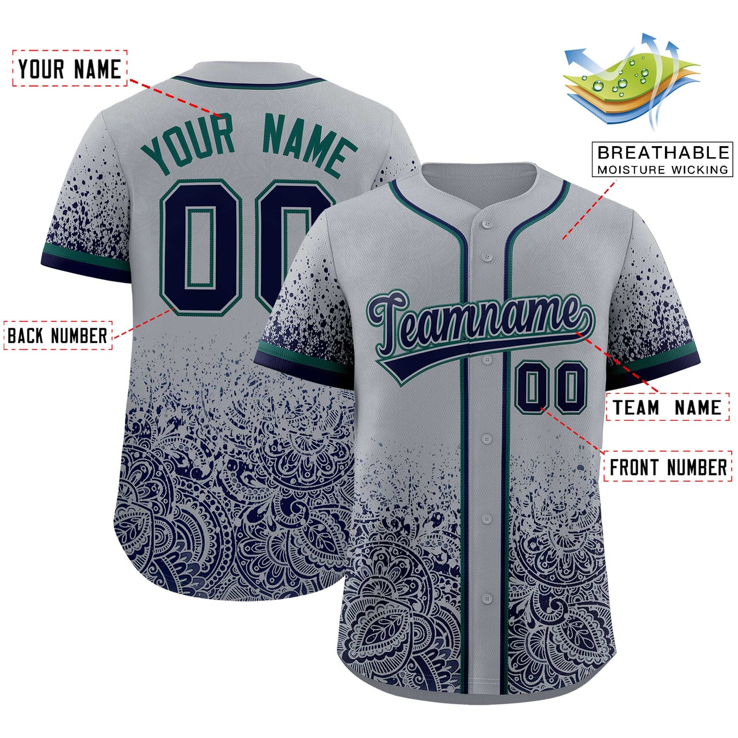 Custom Gray Navy Floral Print Pattern Full Button Gradient Fashion Baseball Jersey Limited