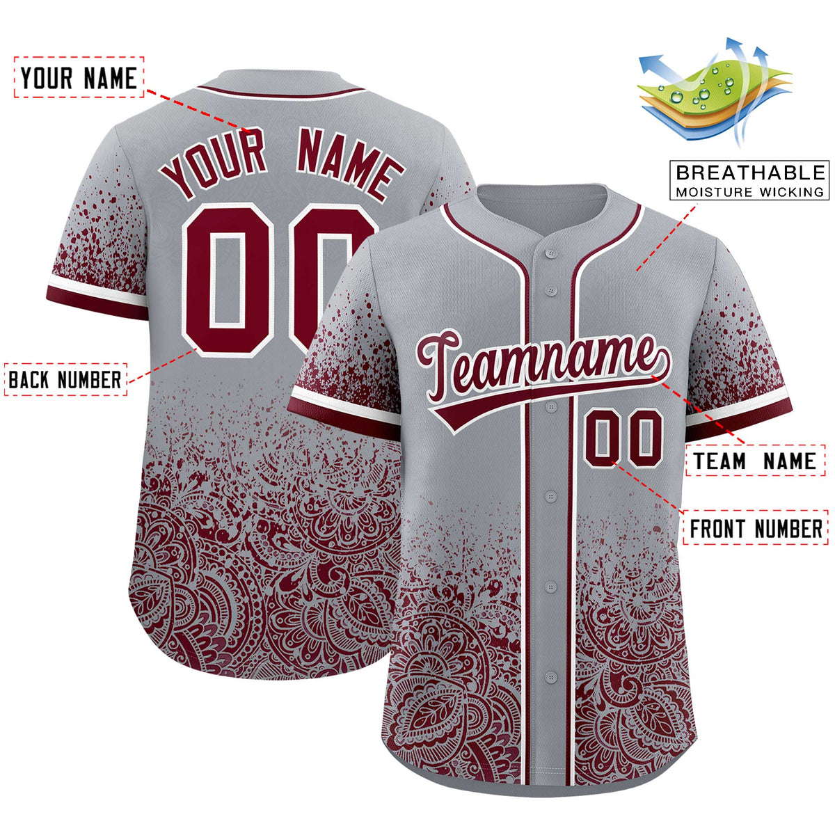 Custom Gray Crimson Floral Print Pattern Full Button Gradient Fashion Baseball Jersey Limited