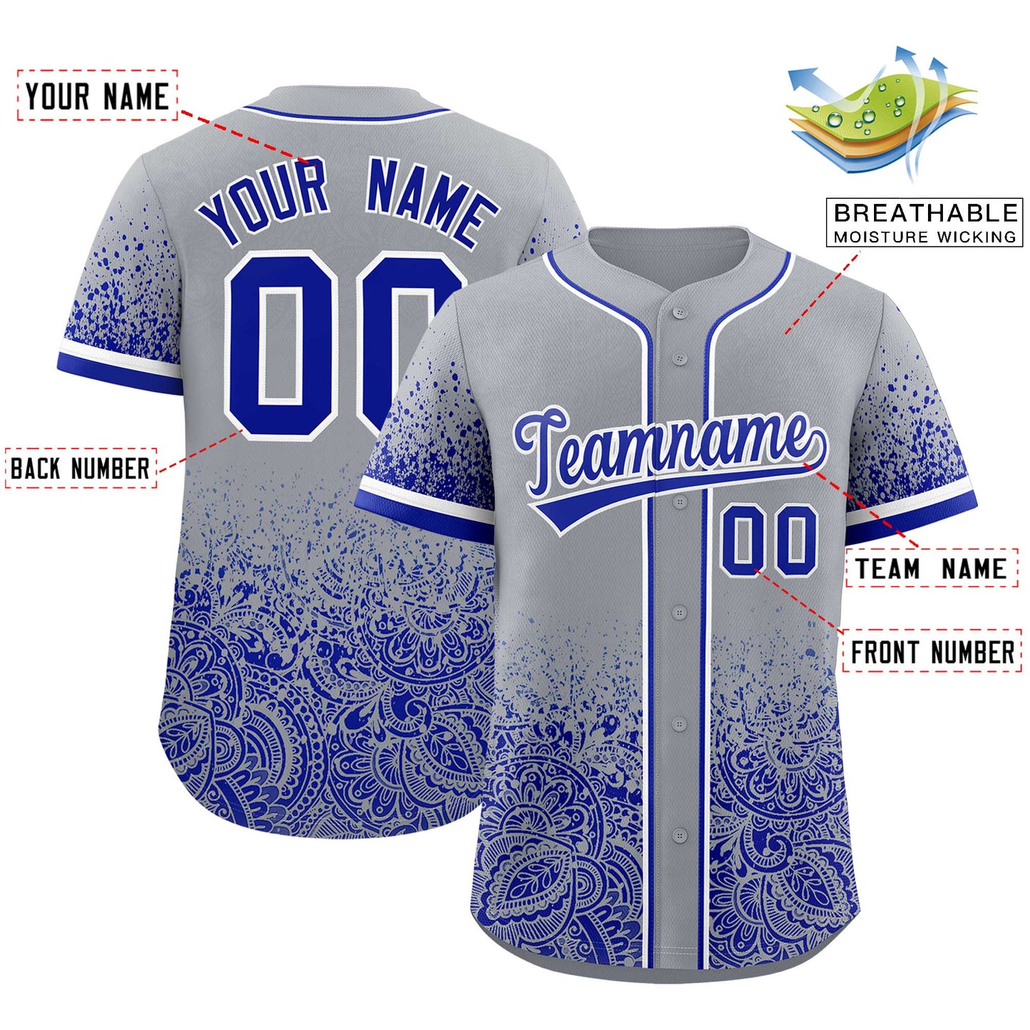 Custom Gray Royal Floral Print Pattern Full Button Gradient Fashion Baseball Jersey Limited