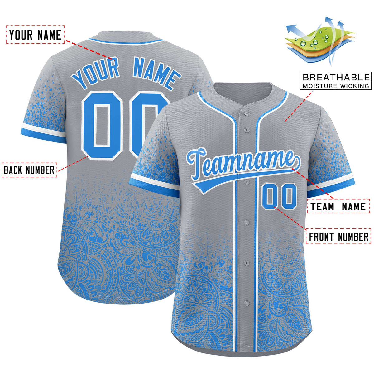 Custom Gray Light Blue Floral Print Pattern Full Button Gradient Fashion Baseball Jersey Limited