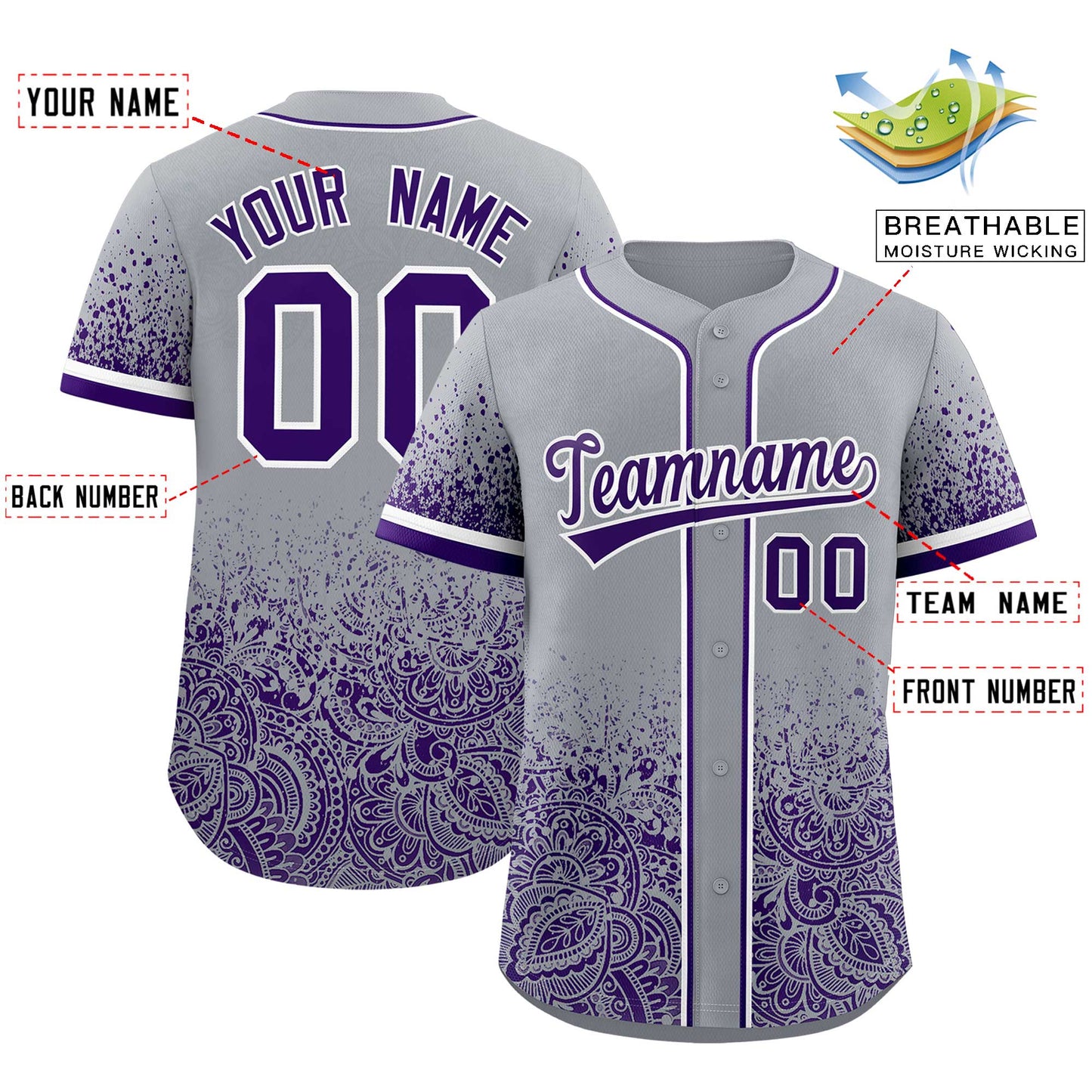 Custom Gray Purple Floral Print Pattern Full Button Gradient Fashion Baseball Jersey Limited