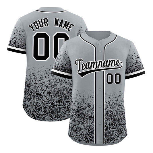 Custom Gray Black Floral Print Pattern Full Button Gradient Fashion Baseball Jersey