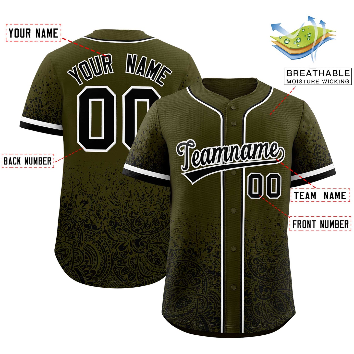 Custom Olive Black Floral Print Pattern Full Button Gradient Fashion Baseball Jersey Limited