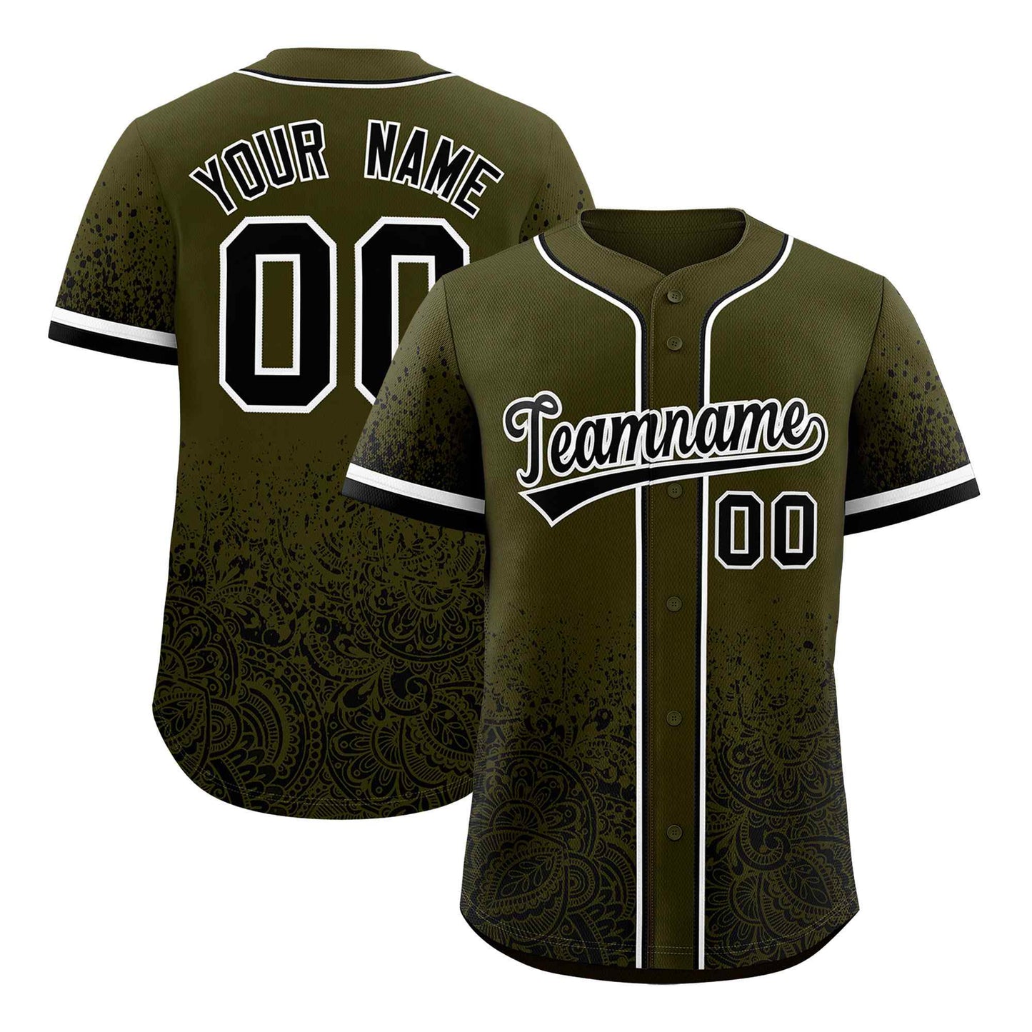 Custom Olive Black Floral Print Pattern Full Button Gradient Fashion Baseball Jersey