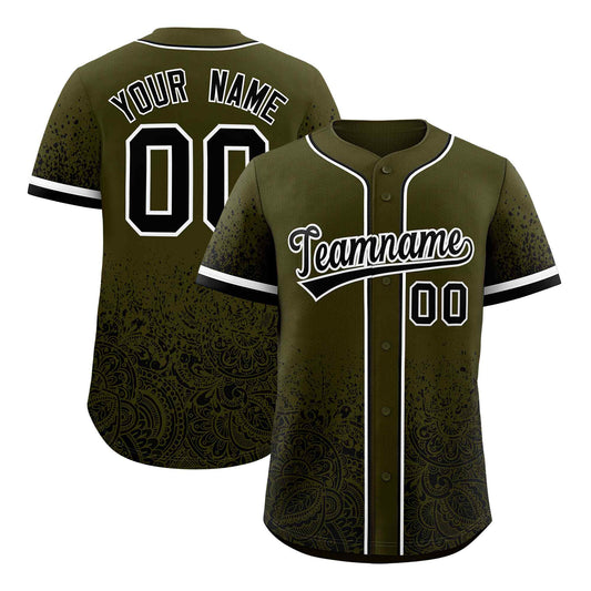 Custom Olive Black Floral Print Pattern Full Button Gradient Fashion Baseball Jersey