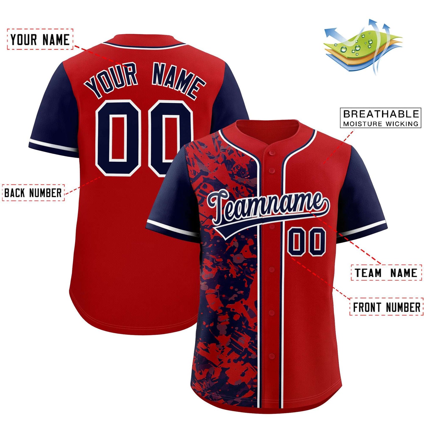 Custom Red Navy Split Personalized Graffiti Raglan Sleeve Authentic Baseball Jersey Limited