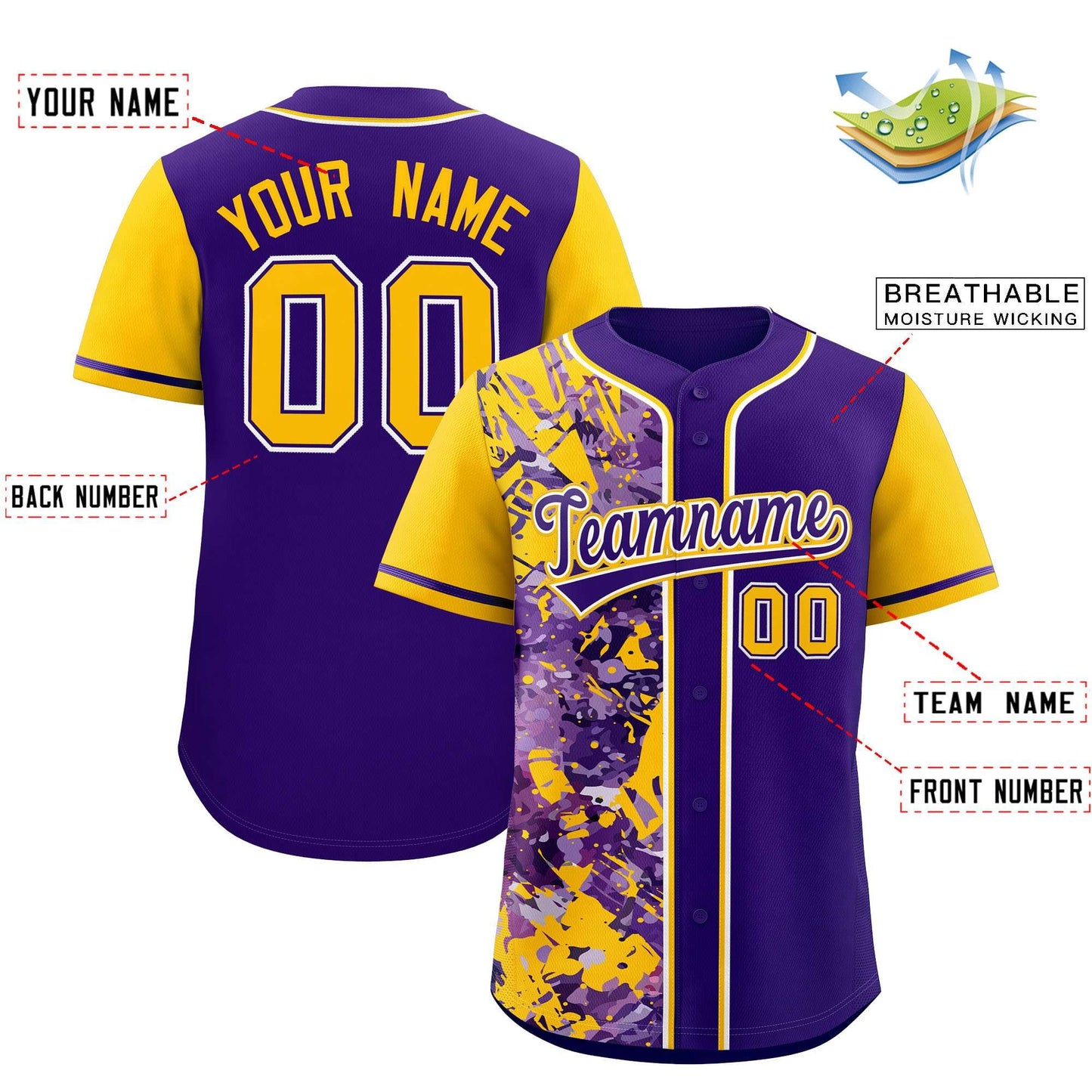 Custom Purple Yellow Split Personalized Graffiti Raglan Sleeve Authentic Baseball Jersey Limited