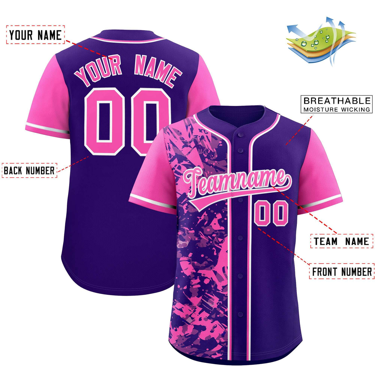 Custom Purple Pink Split Personalized Graffiti Raglan Sleeve Authentic Baseball Jersey Limited