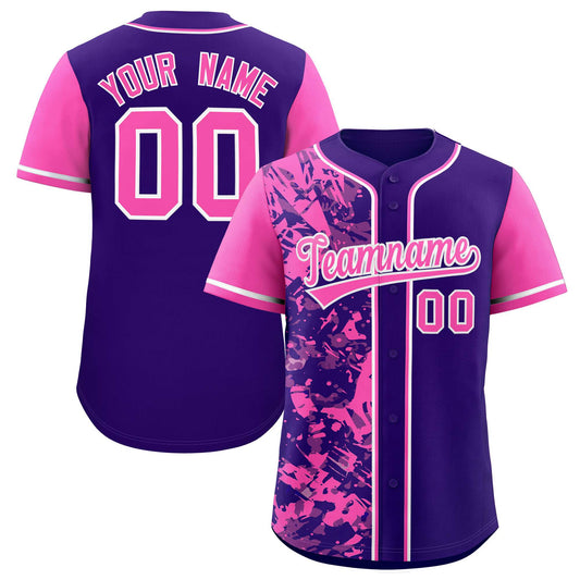 Custom Purple Pink Split Personalized Graffiti Raglan Sleeve Authentic Baseball Jersey