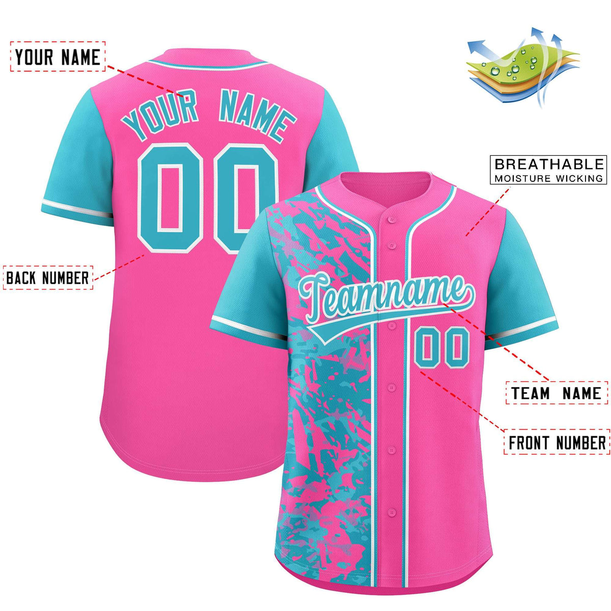 Custom Pink Sky Blue Split Personalized Graffiti Raglan Sleeve Authentic Baseball Jersey Limited