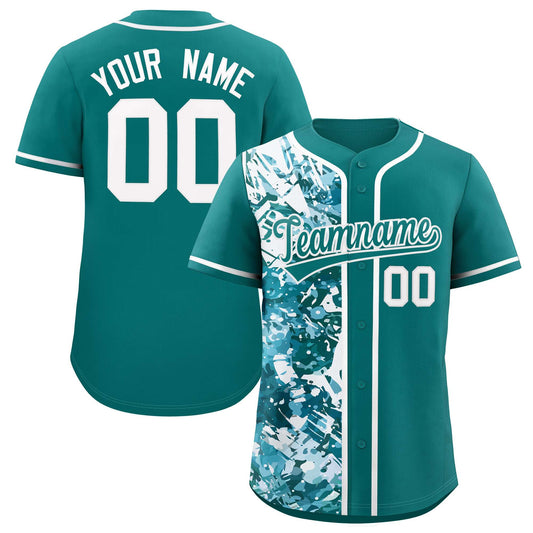 Custom Aqua White Split Personalized Graffiti Raglan Sleeve Authentic Baseball Jersey