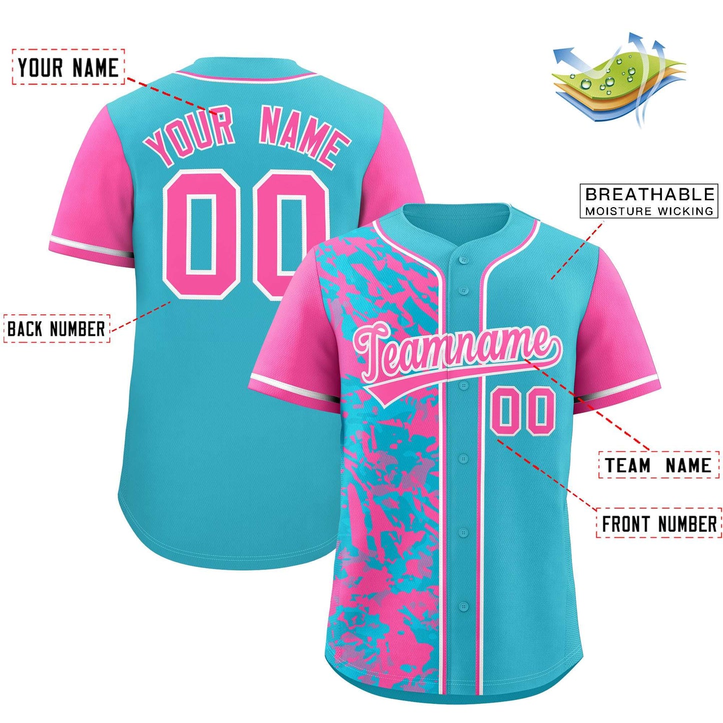 Custom Sky Blue Pink Split Personalized Graffiti Raglan Sleeve Authentic Baseball Jersey Limited
