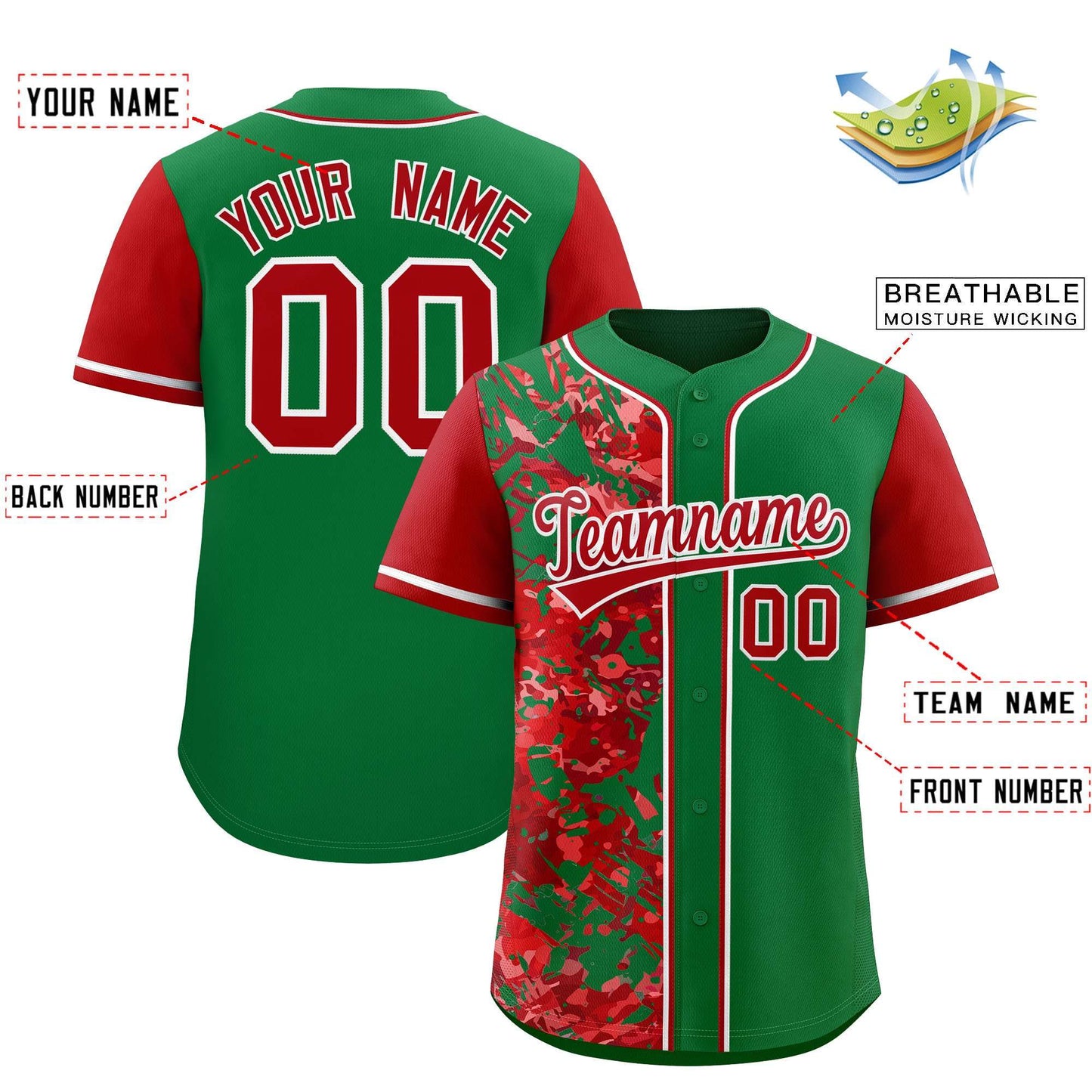 Custom Green Red Split Personalized Graffiti Raglan Sleeve Authentic Baseball Jersey Limited