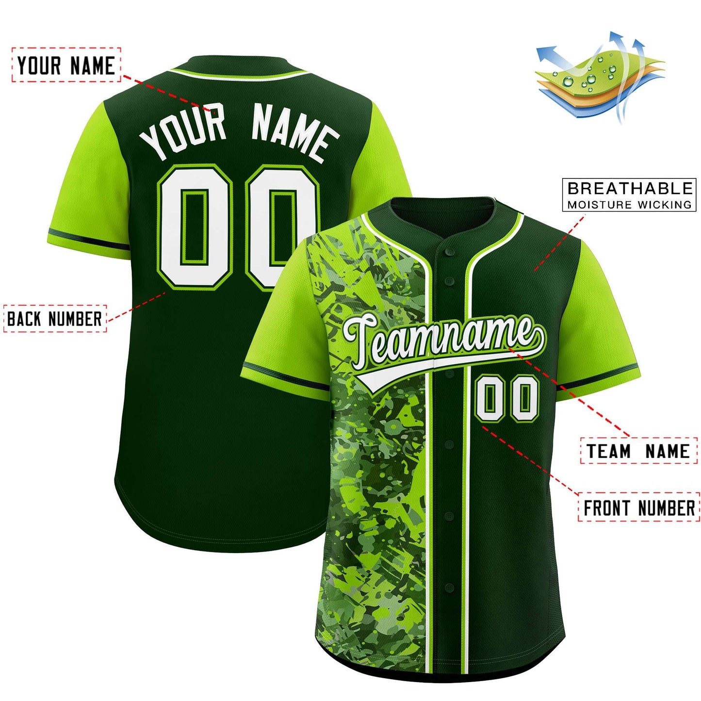 Custom Green Neon Green Split Personalized Graffiti Raglan Sleeve Authentic Baseball Jersey Limited