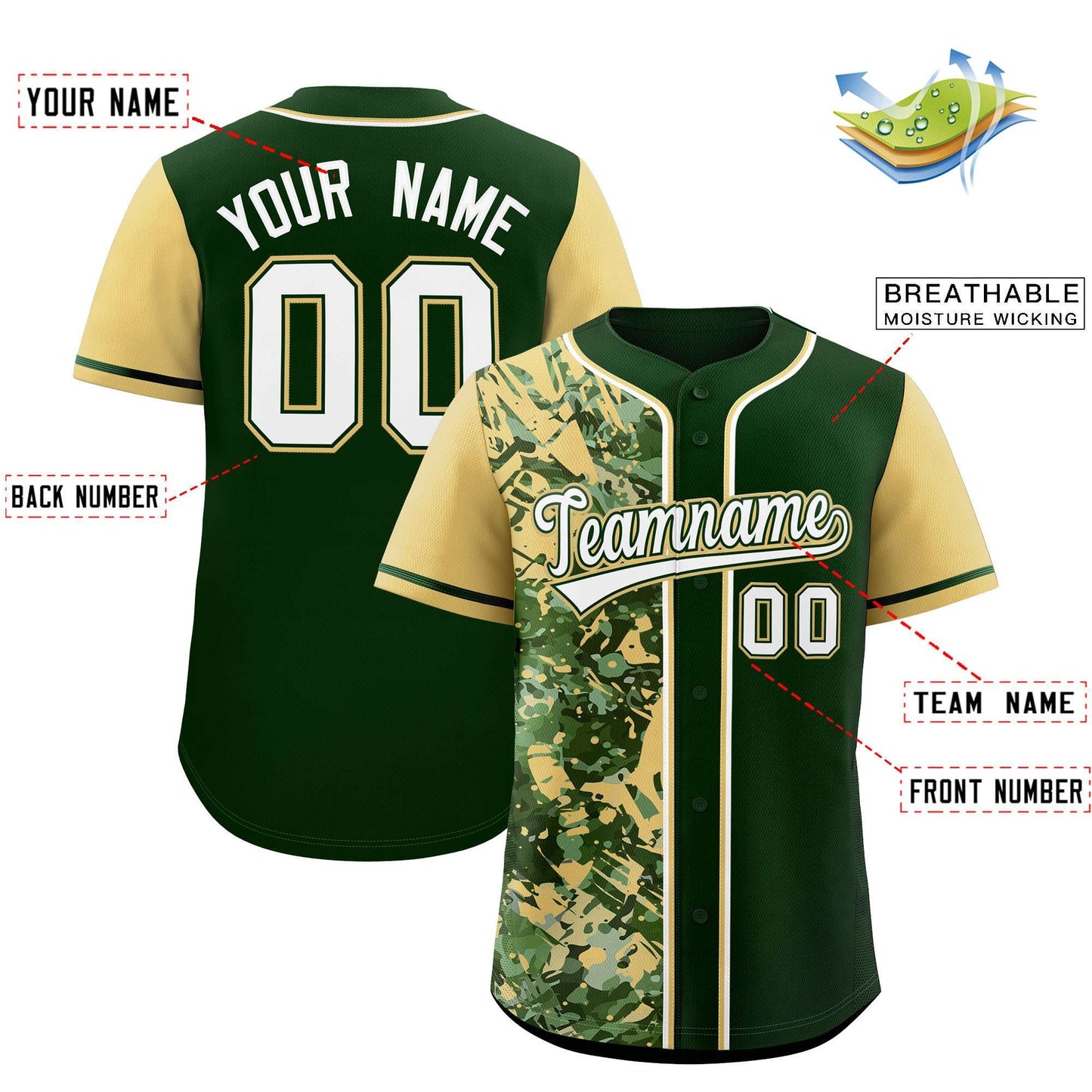 Custom Green Khaki Split Personalized Graffiti Raglan Sleeve Authentic Baseball Jersey Limited