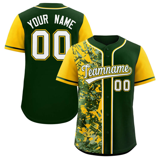Custom Green Yellow Split Personalized Graffiti Raglan Sleeve Authentic Baseball Jersey