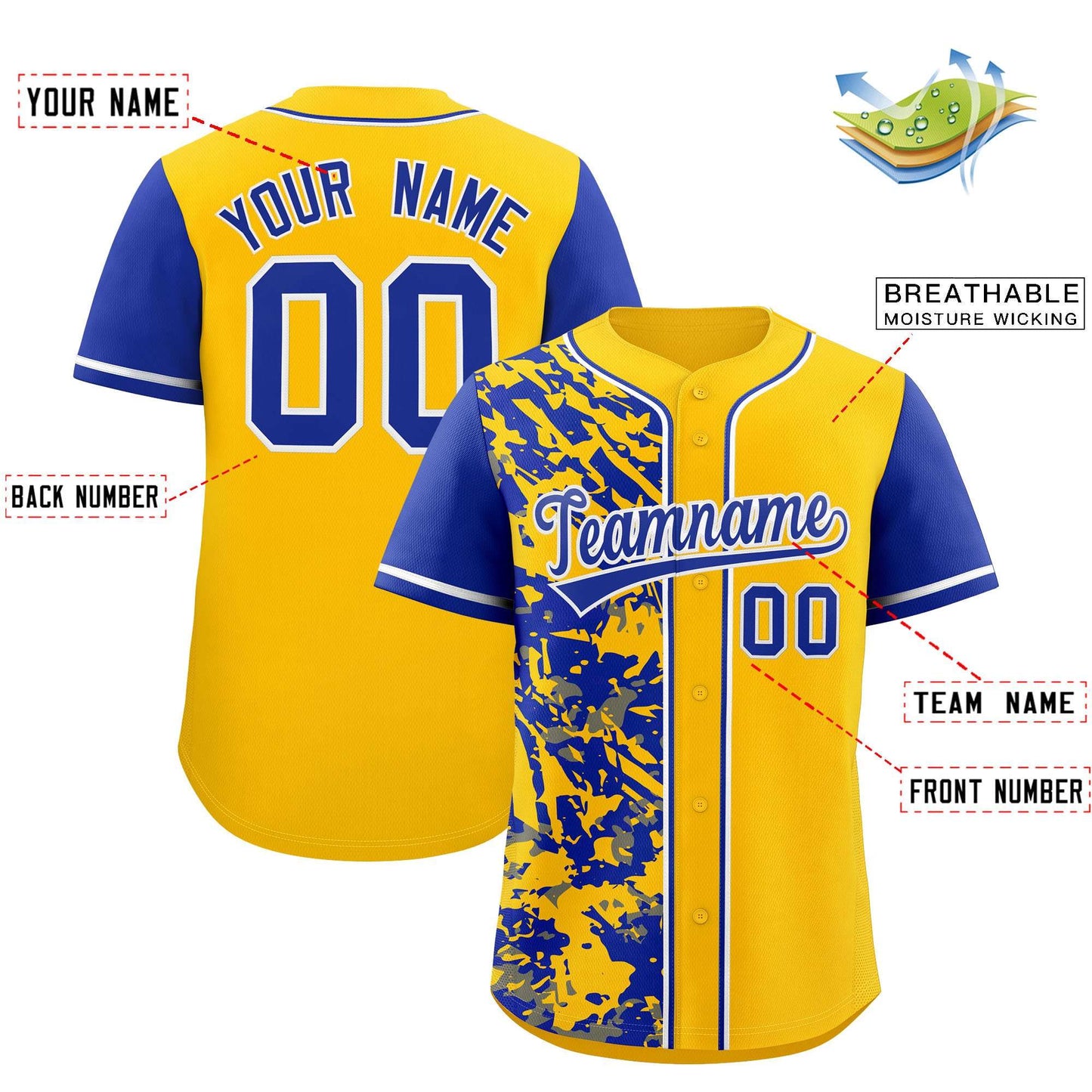 Custom Yellow Royal Split Personalized Graffiti Raglan Sleeve Authentic Baseball Jersey Limited