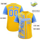 Custom Yellow Powder Blue Split Personalized Graffiti Raglan Sleeve Authentic Baseball Jersey Limited