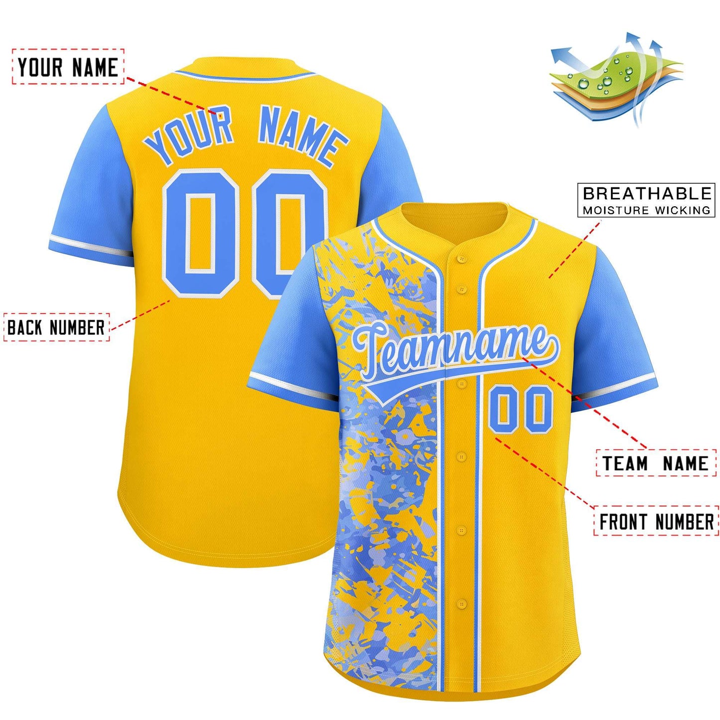 Custom Yellow Powder Blue Split Personalized Graffiti Raglan Sleeve Authentic Baseball Jersey Limited