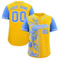 Custom Yellow Powder Blue Split Personalized Graffiti Raglan Sleeve Authentic Baseball Jersey