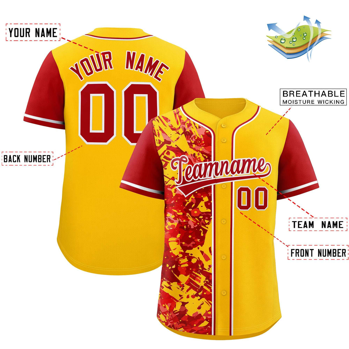 Custom Yellow Red Split Personalized Graffiti Raglan Sleeve Authentic Baseball Jersey Limited