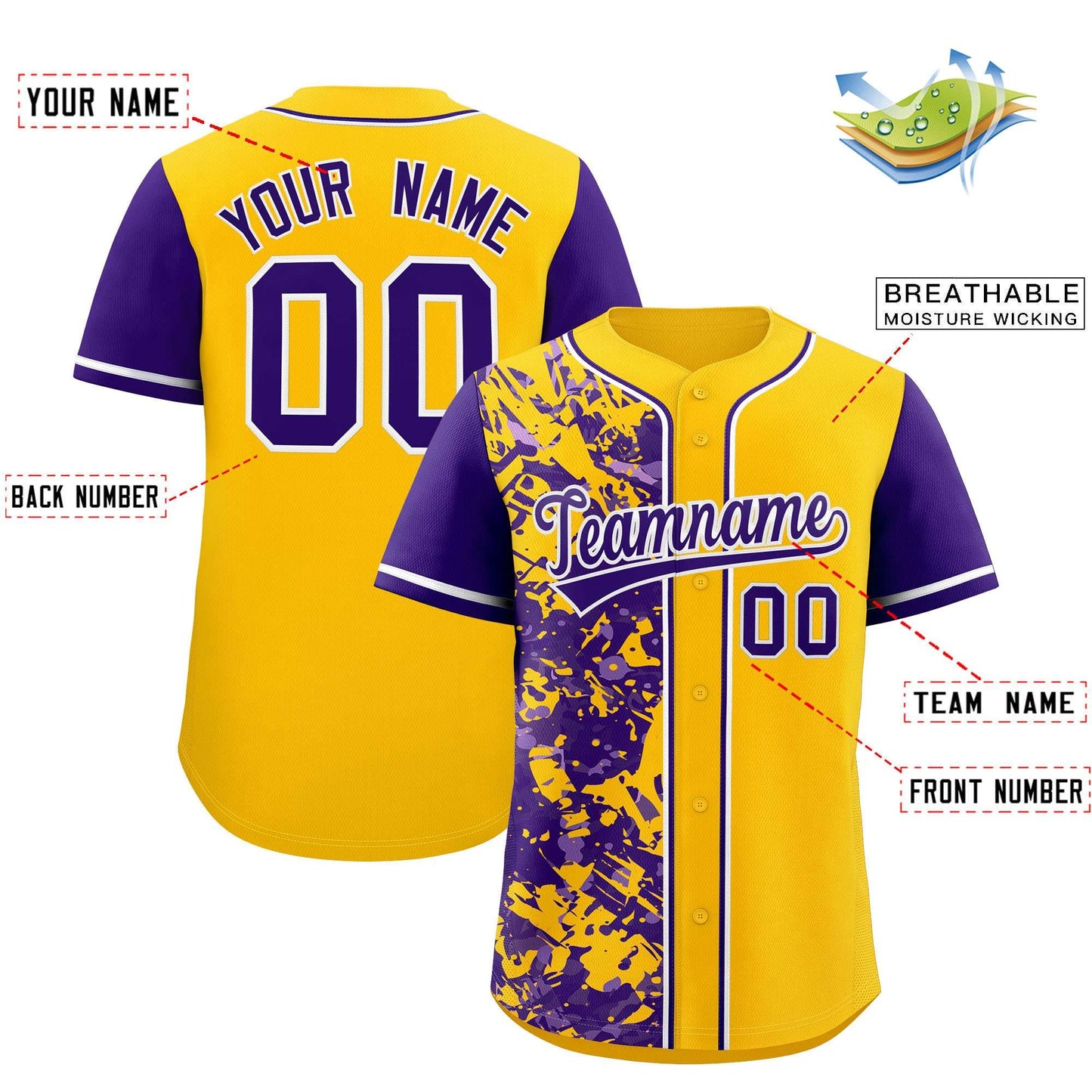 Custom Yellow Purple Split Personalized Graffiti Raglan Sleeve Authentic Baseball Jersey Limited