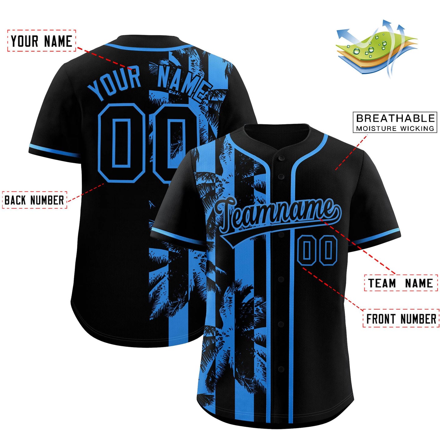 Custom Black Powder Blue Split Fashion Coconut Tree Design Authentic Baseball Jersey Limited