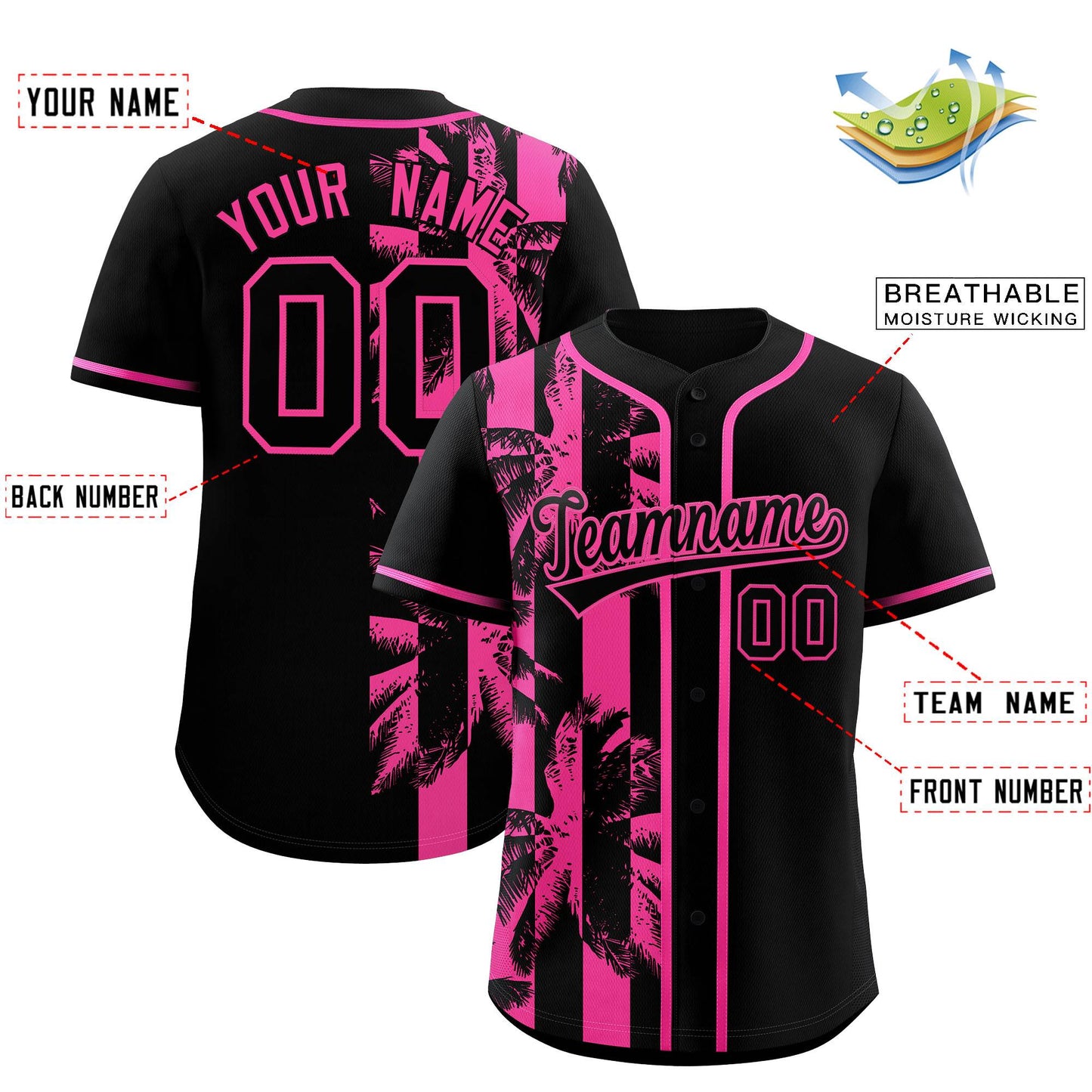 Custom Black Pink Split Fashion Coconut Tree Design Authentic Baseball Jersey Limited