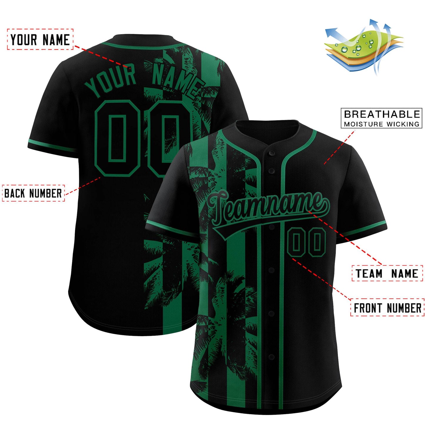 Custom Black Kelly Green Split Fashion Coconut Tree Design Authentic Baseball Jersey Limited