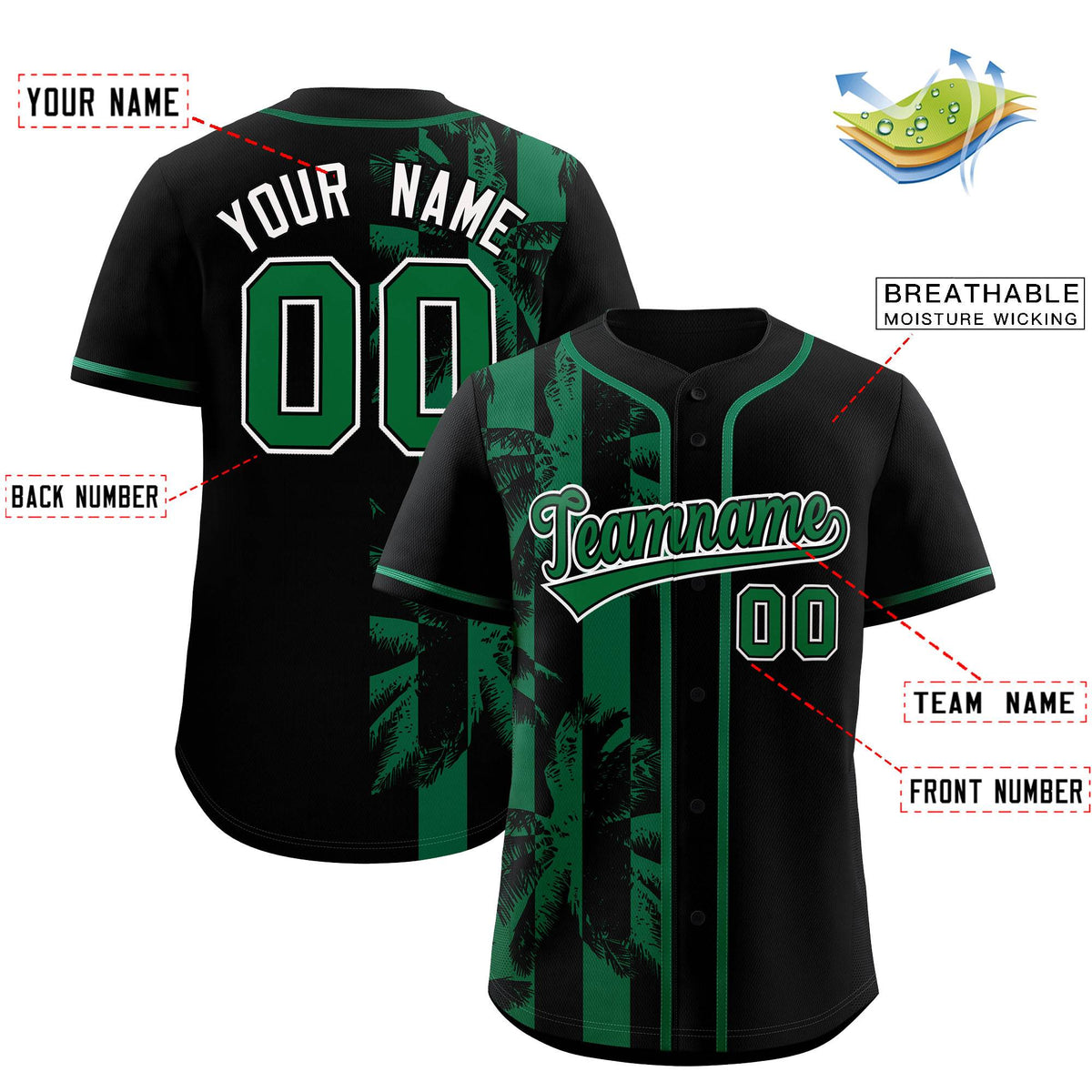 Custom Black Kelly Green Split Fashion Coconut Tree Design Authentic Baseball Jersey Limited