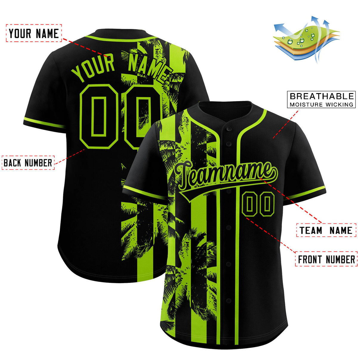 Custom Black Neon Green Split Fashion Coconut Tree Design Authentic Baseball Jersey Limited
