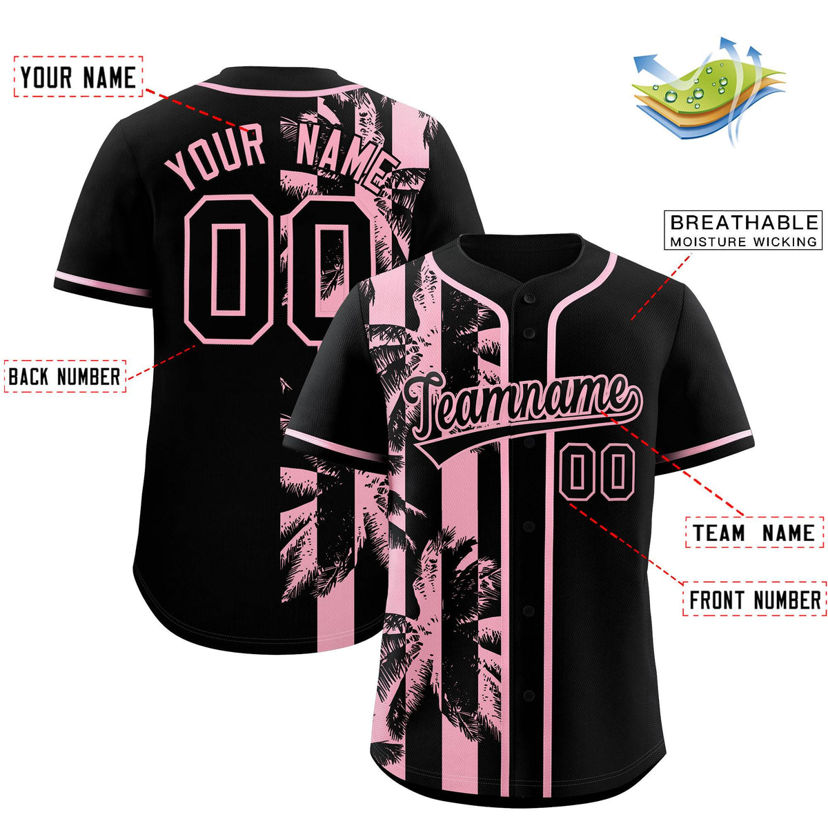 Custom Black Light Pink Split Fashion Coconut Tree Design Authentic Baseball Jersey Limited