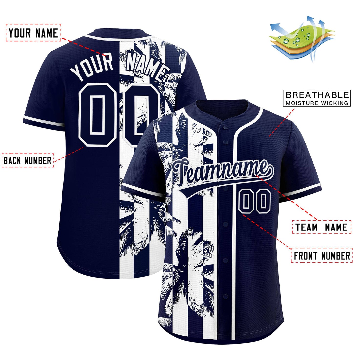 Custom Navy White Split Fashion Coconut Tree Design Authentic Baseball Jersey Limited