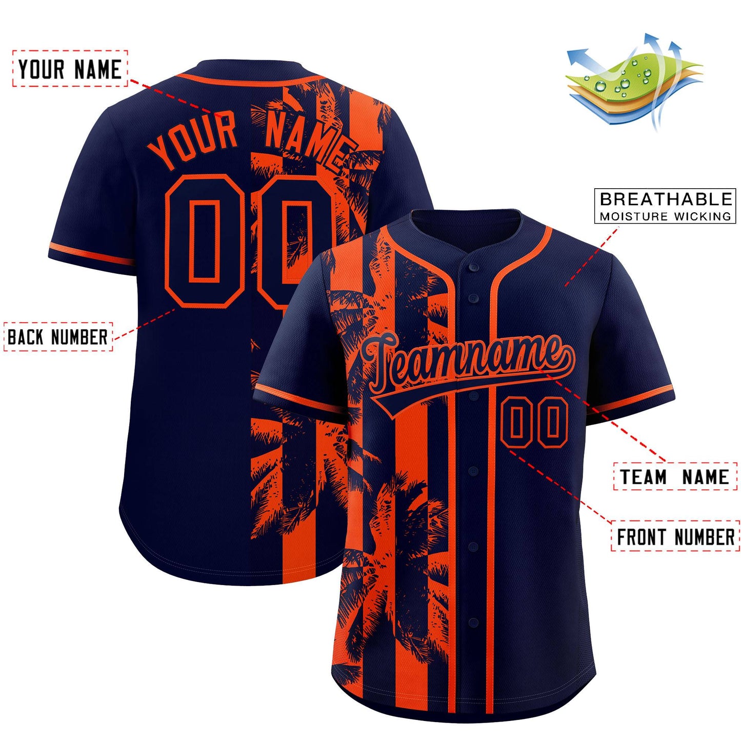 Custom Navy Orange Split Fashion Coconut Tree Design Authentic Baseball Jersey Limited