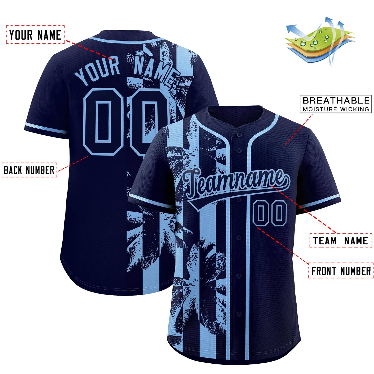 Custom Navy Powder Blue Split Fashion Coconut Tree Design Authentic Baseball Jersey Limited