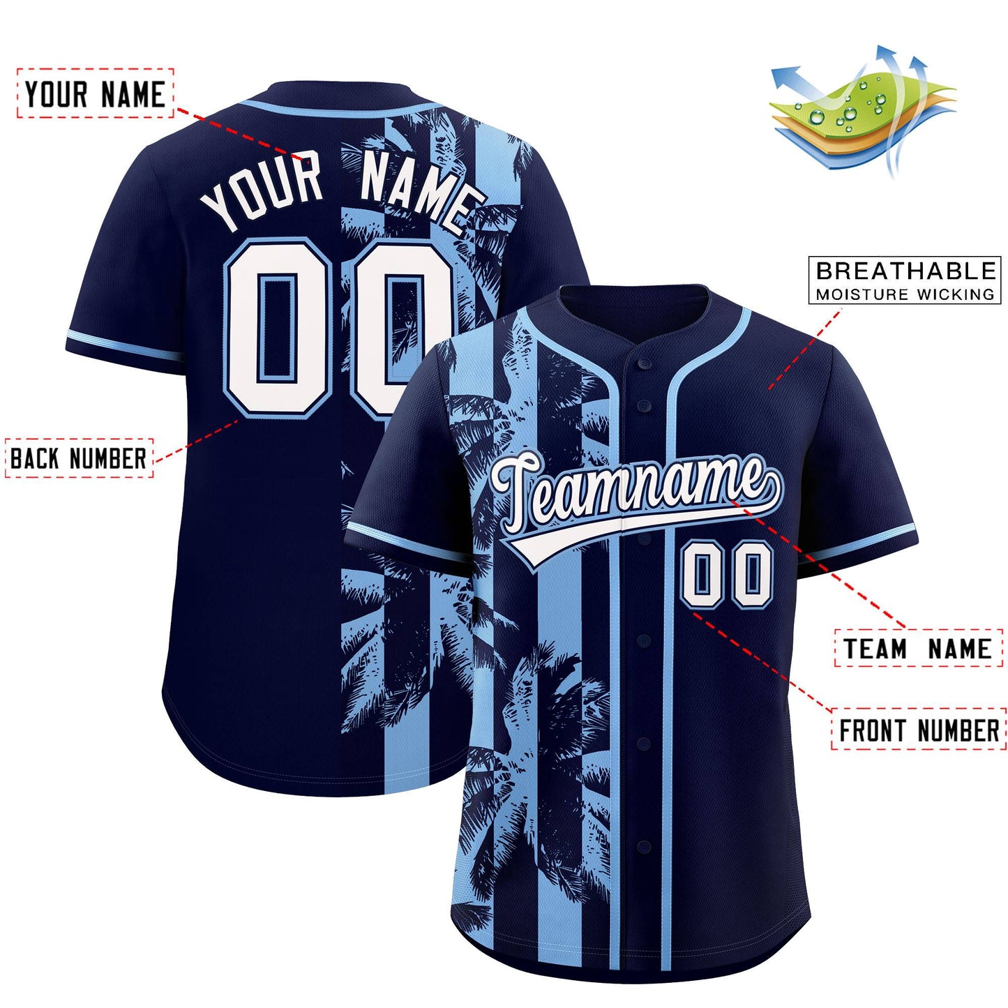 Custom Navy Powder Blue Split Fashion Coconut Tree Design Authentic Baseball Jersey Limited