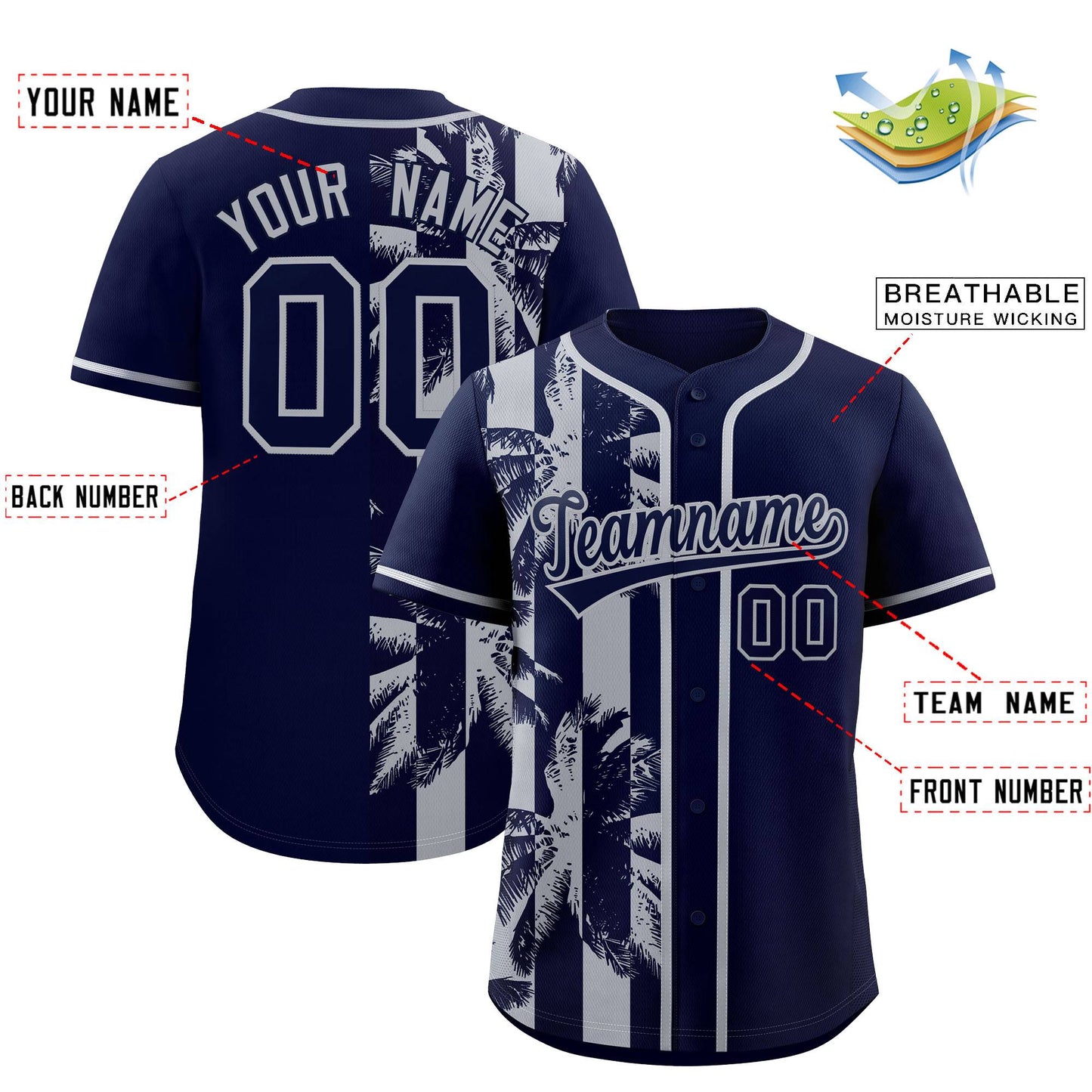 Custom Navy Gray Split Fashion Coconut Tree Design Authentic Baseball Jersey Limited