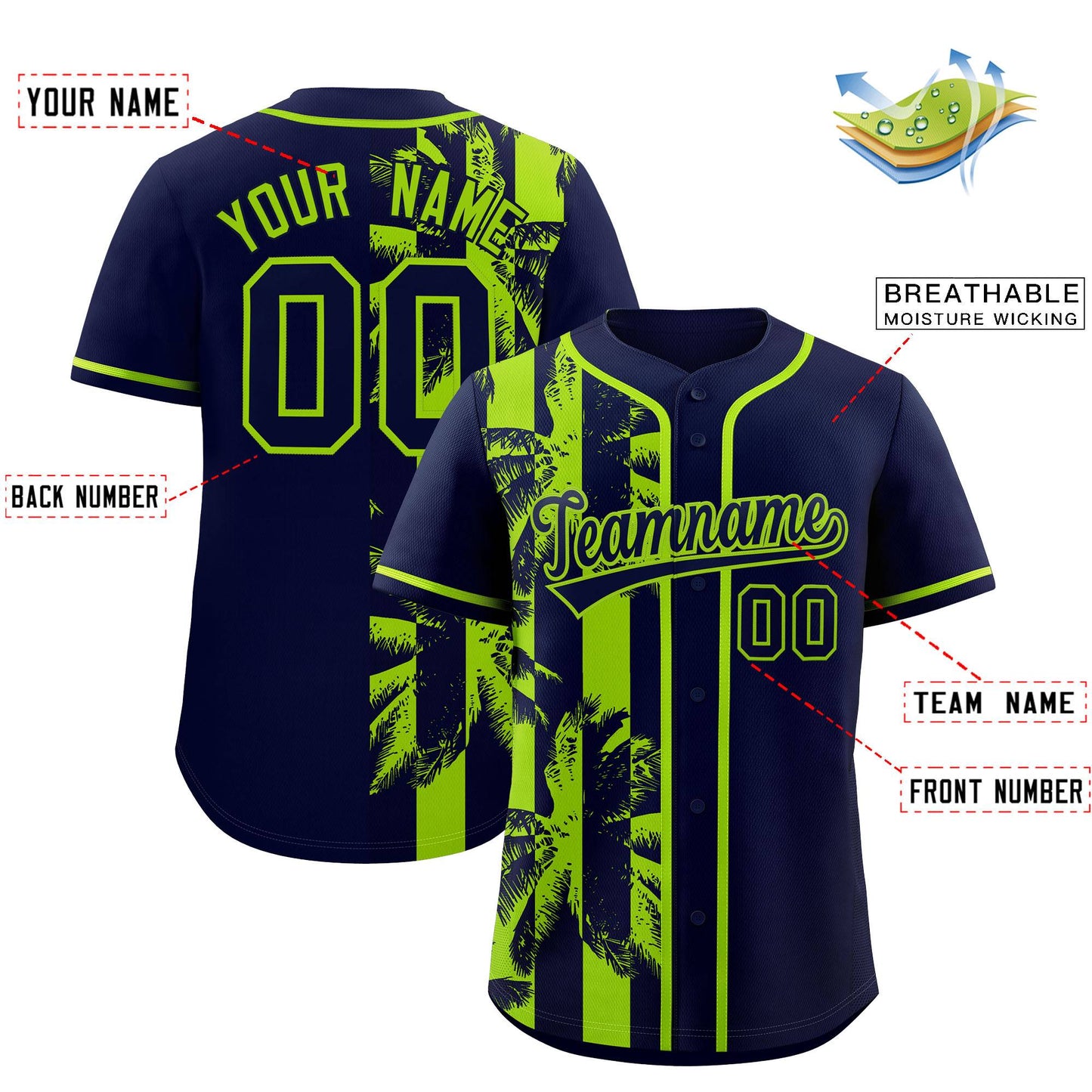 Custom Navy Neon Green Split Fashion Coconut Tree Design Authentic Baseball Jersey Limited