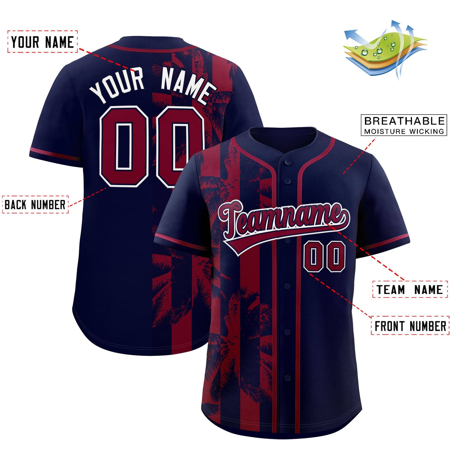 Custom Navy Crimson Split Fashion Coconut Tree Design Authentic Baseball Jersey Limited